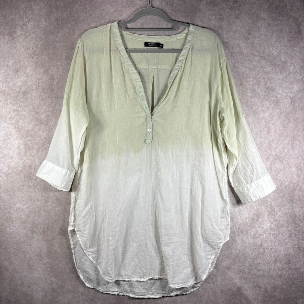 Galeries Lafayette Tunic Womens S/M Green White Ombre Dip Dye Linen Blend Boho